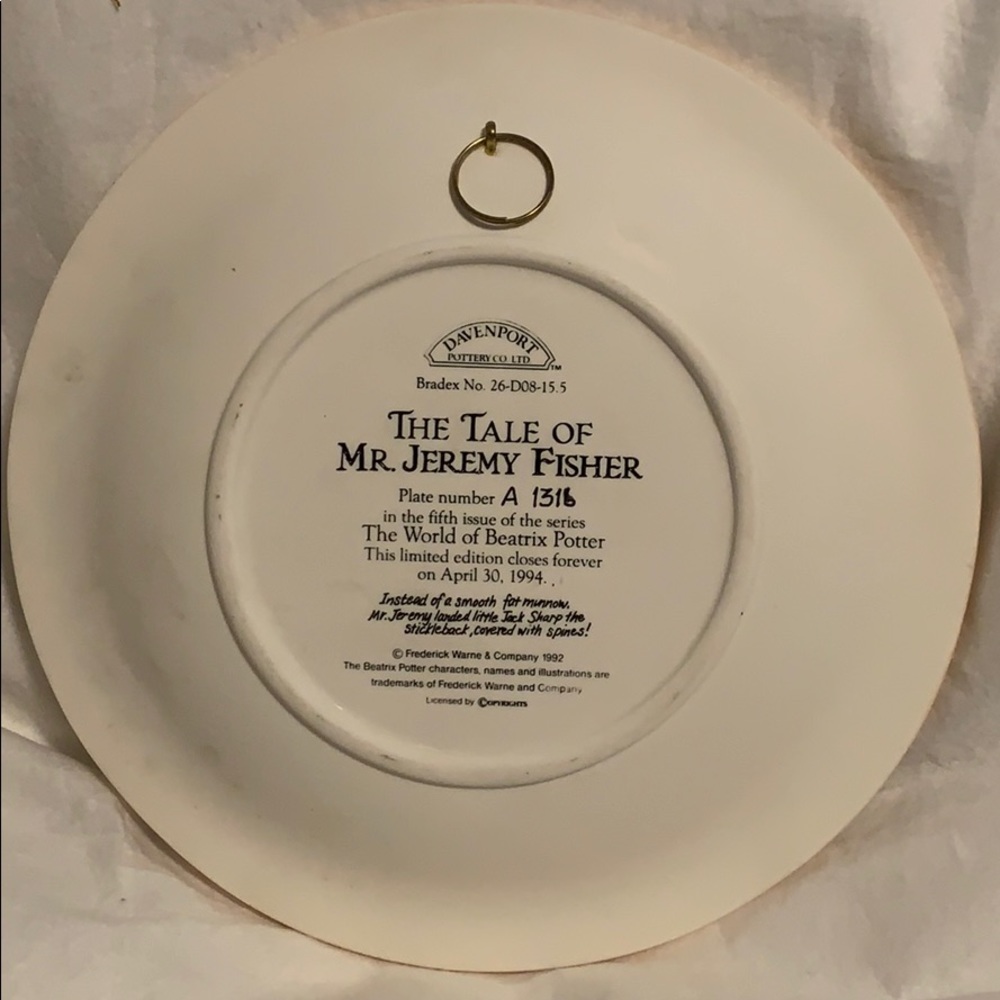 PLATE #5 Davenport Pottery The Tale Of Mr Jeremy Fisher Raised Limited Plate NEW - Picture 3 of 8